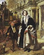 William Powell Frith Lady waiting to cross a street, with a little boy crossing-sweeper begging for money. Spain oil painting artist